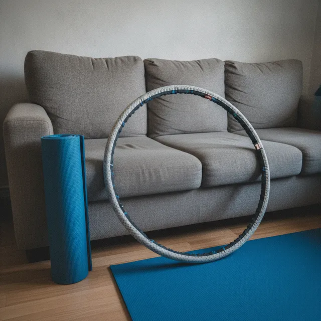Un cerceau de fitness lesté rembourré posé contre un canapé, avec un tapis de sol dans un salon