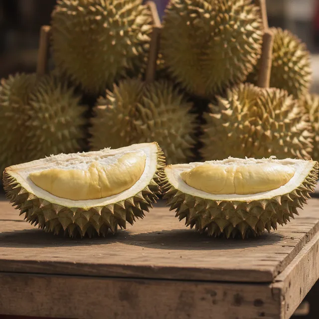 Deux moitiés de durian ouvertes laissant voir la chair jaune crémeuse, posées sur un étal de bois avec des durians entiers empilés en arrière-plan
