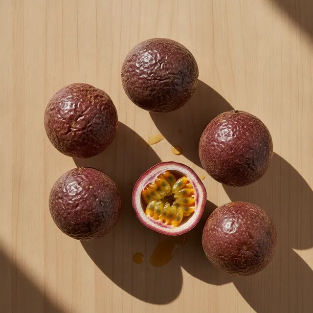 Fruits de la passion violets à la peau fripée et un fruit coupé montrant la pulpe orangée et les graines, vus de dessus sur une table en bois