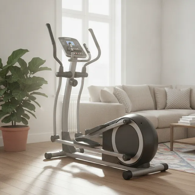 Vélo elliptique moderne posé dans un salon lumineux
