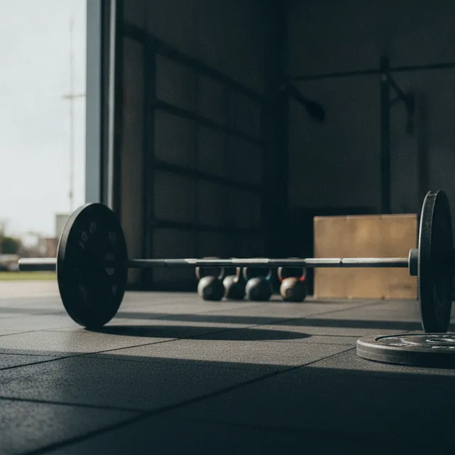 Barre d'haltérophilie chargée et kettlebells au sol dans une box de CrossFit