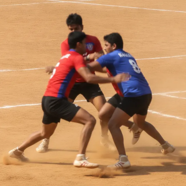 Joueurs de kabaddi en action sur un terrain en terre battue, attaquant esquivant deux défenseurs, poussière soulevée
