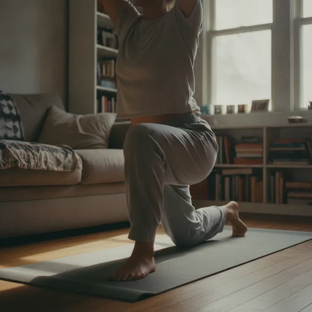 Une personne en fente basse sur un tapis de sol dans un salon, étirement des fléchisseurs de hanche