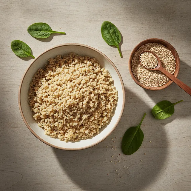 Bol de quinoa cuit aux grains nacrés, petit bol de quinoa cru et feuilles d'épinards sur une table en bois claire