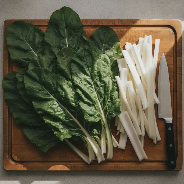 Feuilles de blette vert foncé à gauche et côtes blanches coupées en bâtonnets à droite, sur une planche à découper en bois avec un couteau