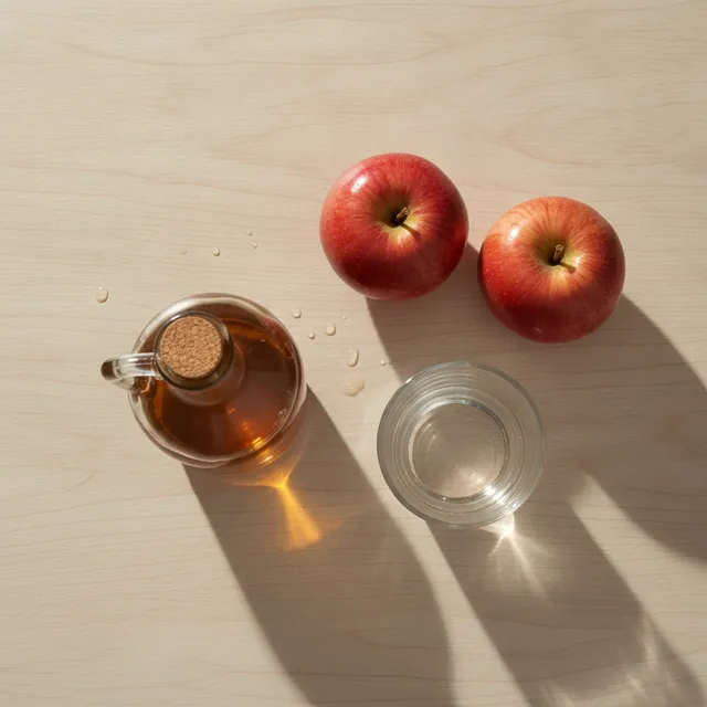 Bouteille de vinaigre de cidre ambré au bouchon liège, deux pommes rouges et un verre d'eau sur une table en bois