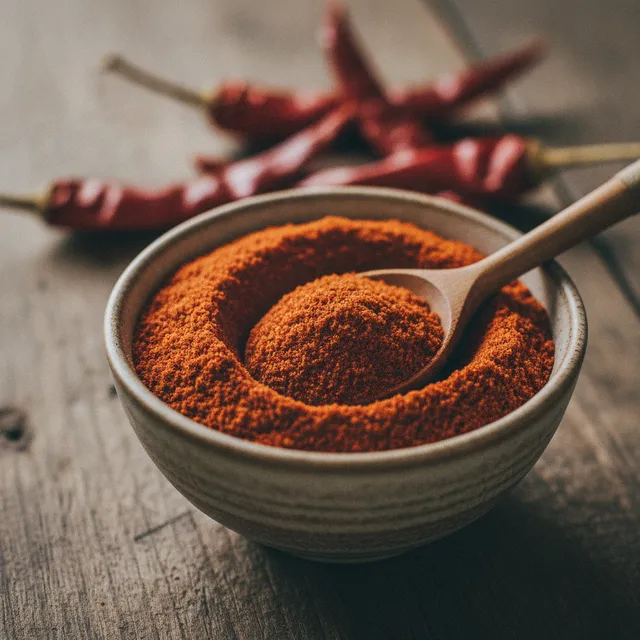 Bol de paprika en poudre rouge orangé avec une cuillère en bois et des piments rouges séchés sur une table en bois