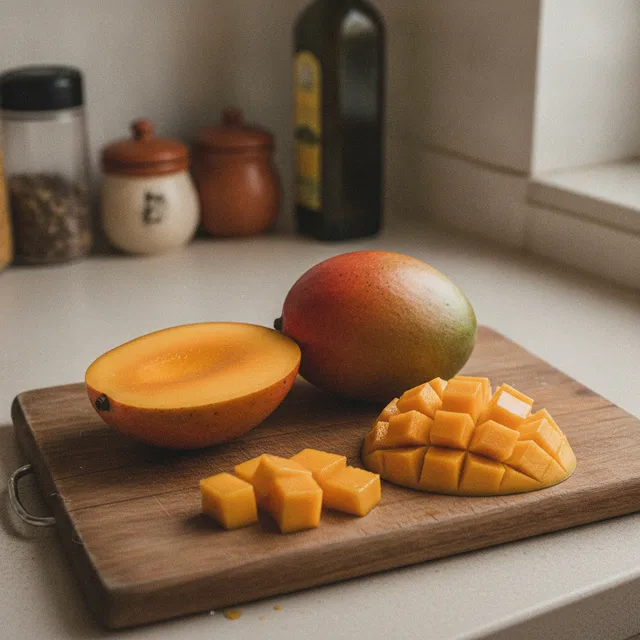Une mangue mûre entière, une moitié quadrillée et des cubes orangés sur une planche en bois, dans une cuisine
