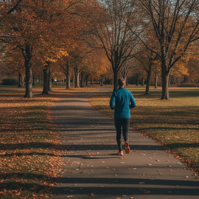 Coureur de dos courant a allure tranquille sur un chemin de parc en automne