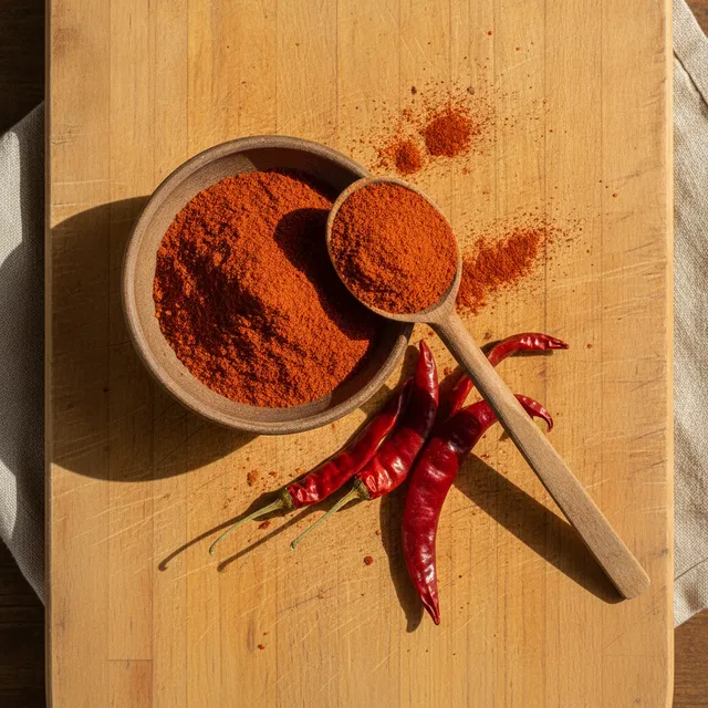 Bol de paprika en poudre rouge orangé avec une cuillère et des piments séchés sur une planche en bois
