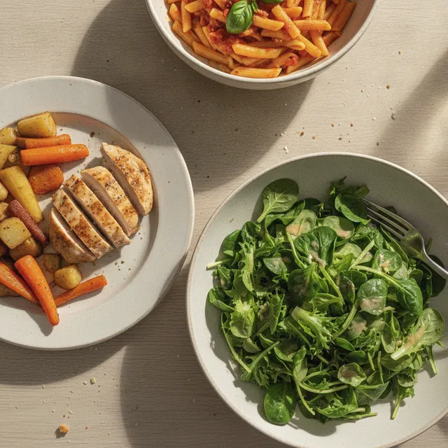 Un bol de salade verte, une assiette de poulet grillé et légumes, et un bol de pâtes posés sur une table en bois