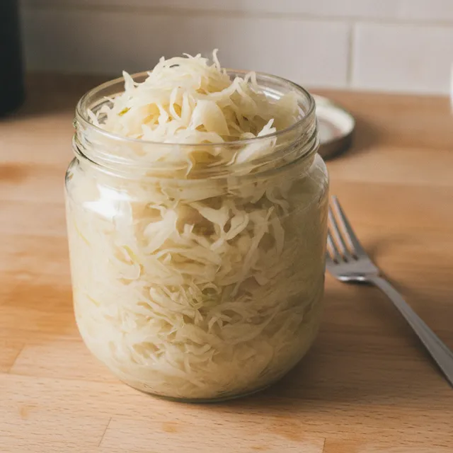 Bocal de choucroute crue fermentée sur un plan de travail en bois, avec une fourchette