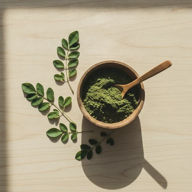 Bol de poudre de moringa vert foncé avec une cuillère en bois et des feuilles de moringa sur une table claire
