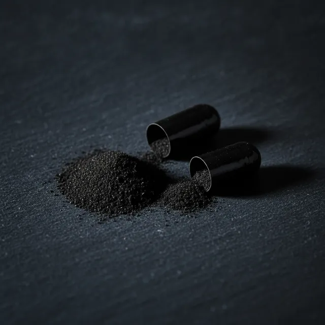 Poudre de charbon végétal actif et deux gélules noires ouvertes sur un fond d'ardoise sombre