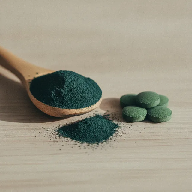 Poudre de spiruline vert-bleu dans une cuillère en bois et comprimés de spiruline sur un plan de travail
