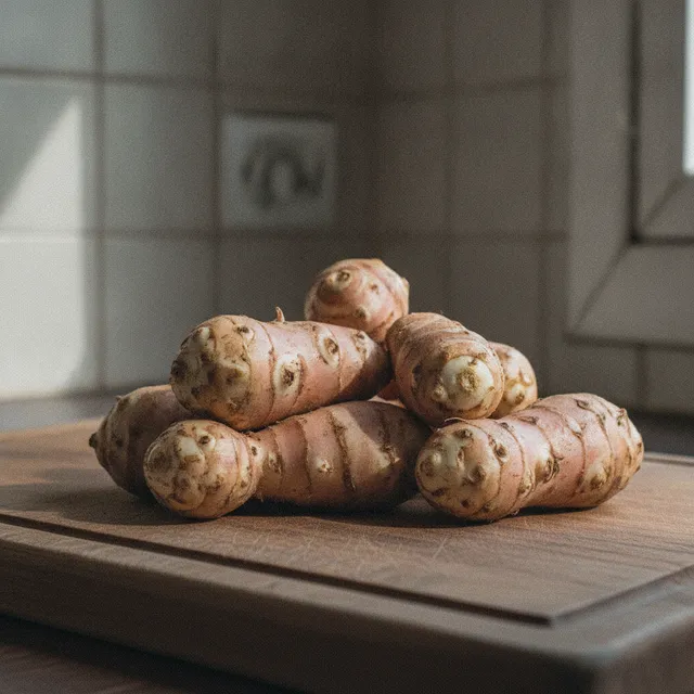 Tas de topinambours crus, tubercules bosselés beige-rosé, posés sur une planche en bois dans une cuisine
