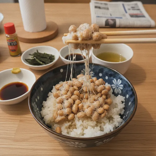 Un bol de natto, graines de soja fermentées collantes, posé sur du riz blanc avec des baguettes qui soulèvent des fils gluants