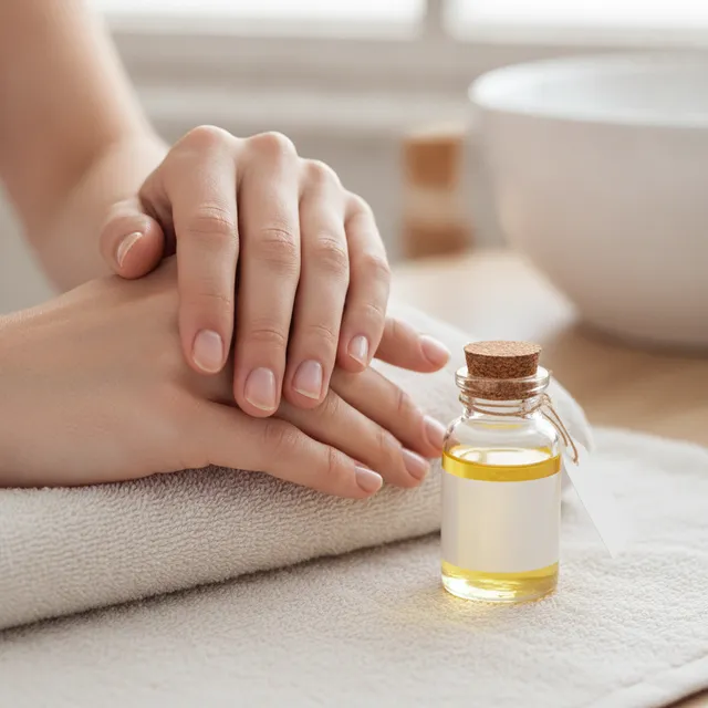Gros plan de mains aux ongles naturels sains avec un flacon d'huile de soin
