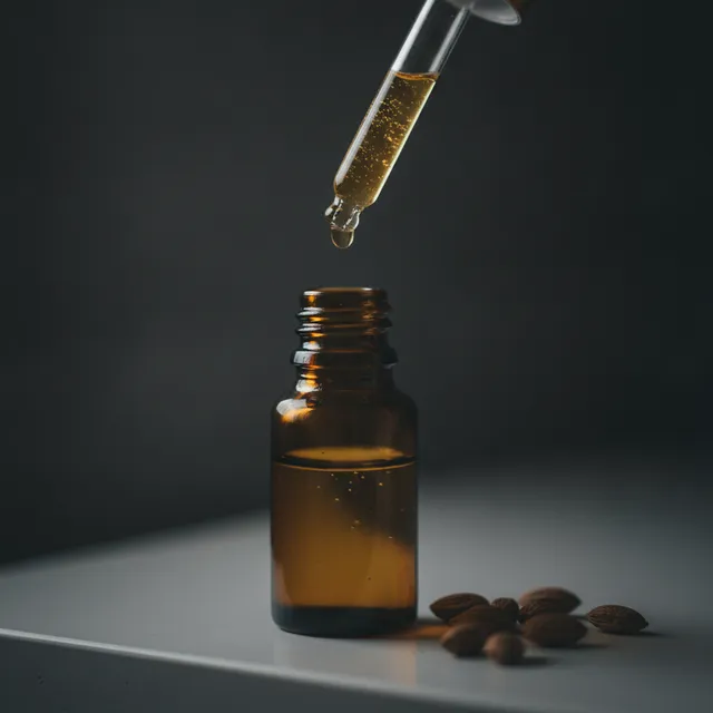 Pipette compte-gouttes laissant tomber une goutte de sérum doré au-dessus d'un flacon ambré, avec quelques graines à côté, ambiance tamisée