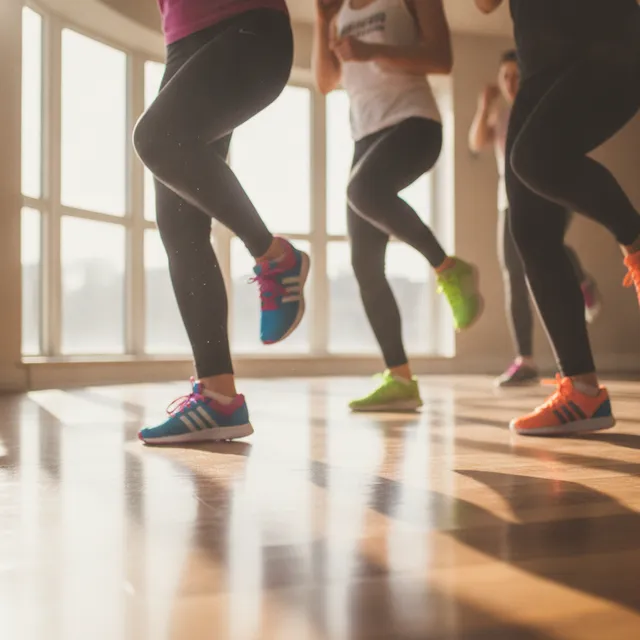 Baskets colorées et jambes en mouvement pendant un cours de zumba dans une salle de fitness lumineuse
