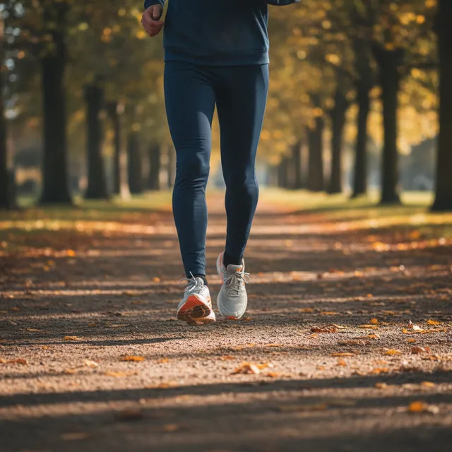 Jambes et chaussures de running d'une personne qui trottine lentement sur un chemin de parc en automne