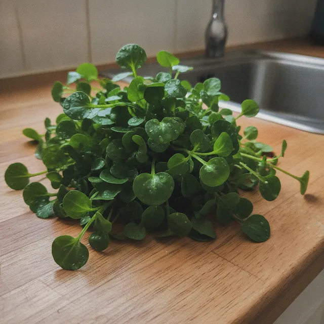 Bouquet de cresson frais aux petites feuilles vertes rondes posé sur un plan de travail de cuisine en bois