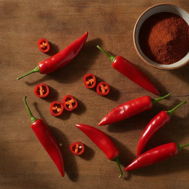 Piments rouges frais entiers et coupés en rondelles sur une planche en bois, à côté d'une coupelle de piment en poudre