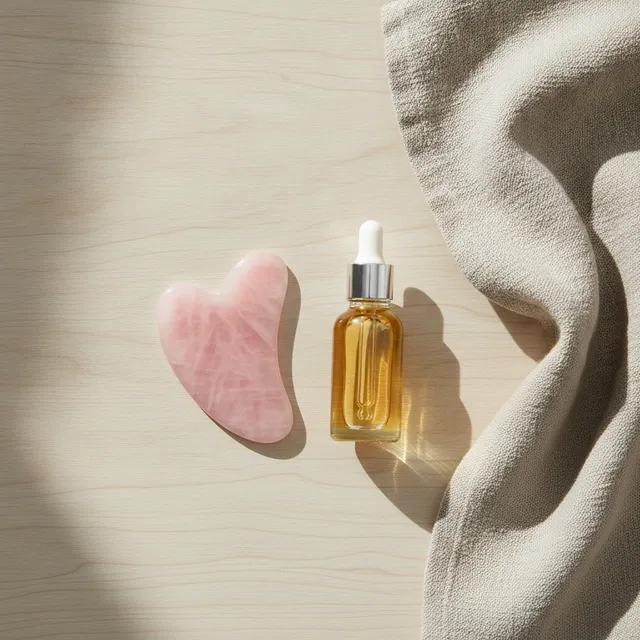 Pierre de gua sha en quartz rose posée à côté d'un flacon d'huile pour le visage sur une table en bois