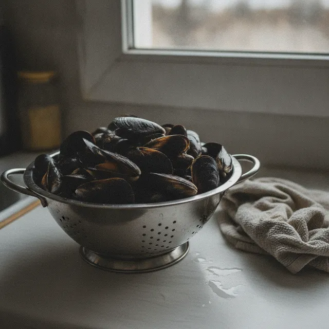 Des moules crues dans une passoire en inox posée sur un plan de travail de cuisine, près d'une fenêtre