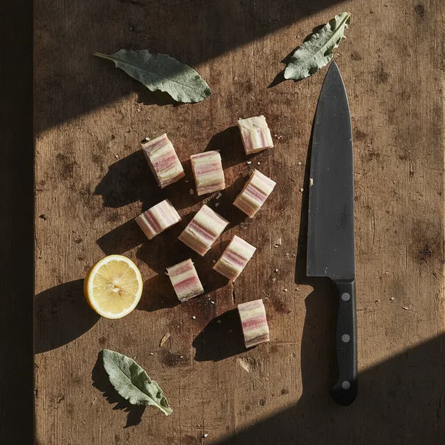 Tronçons de côtes de cardon crues, un demi-citron et un couteau sur une table en bois