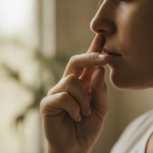 Gros plan d'une main près du visage pendant un exercice de respiration, lumière naturelle douce