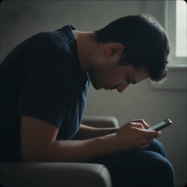 Personne assise penchant fortement la tête vers son smartphone, nuque courbée en avant