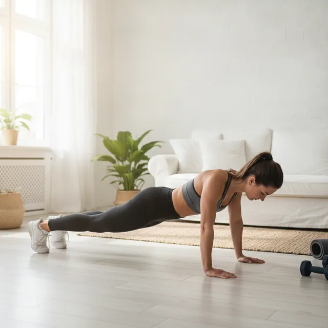 Une personne réalisant une pompe au sol, corps aligné en position de planche, dans un salon lumineux