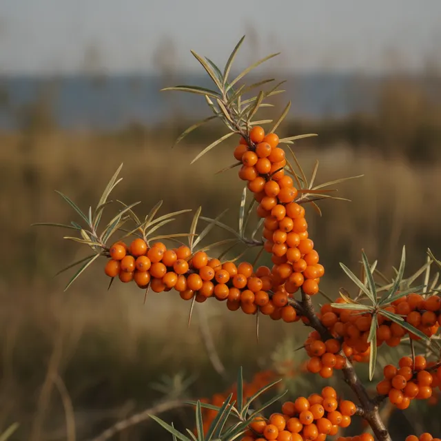 Grappes de baies orange vif d'argousier sur un rameau épineux, en bord de mer