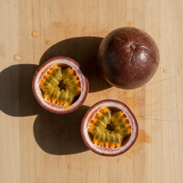 Deux fruits de la passion coupes en deux montrant la pulpe orangee et les graines, a cote d'un fruit entier a la peau fripee, sur une planche en bois