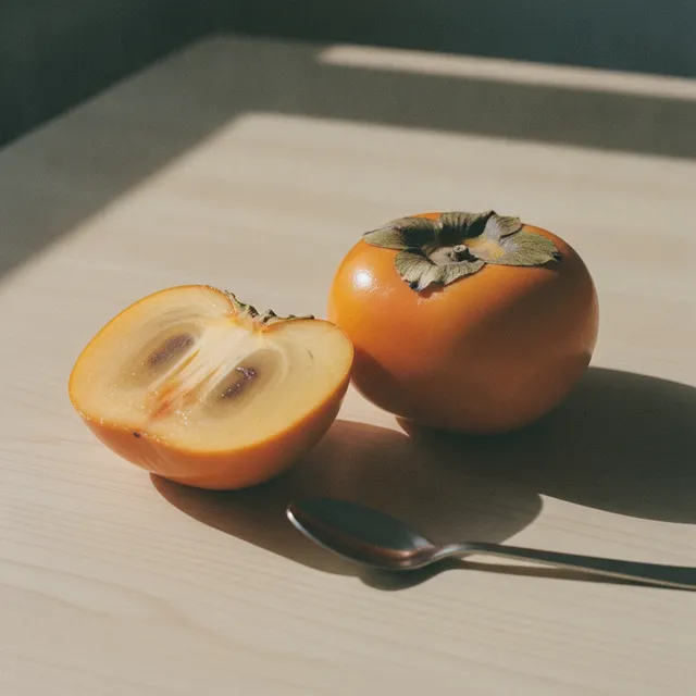 Deux kakis orange bien mûrs sur une table en bois, l'un coupé en deux laissant voir la chair translucide, une petite cuillère posée à côté