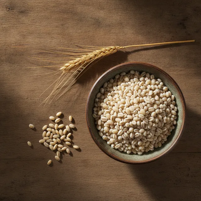 Bol d'orge perlé cuit, grains crus et épi d'orge sur une table en bois