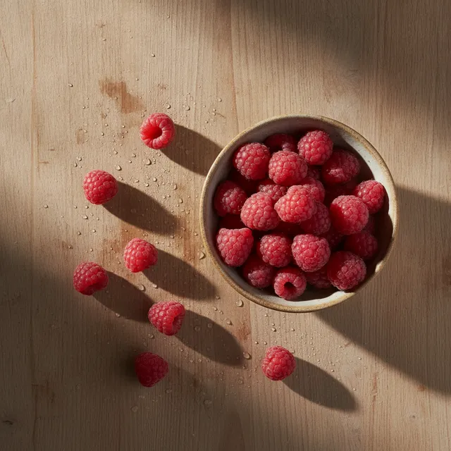 Bol de framboises fraiches vu de dessus sur une table en bois clair, quelques framboises eparpillees autour avec des gouttes d'eau