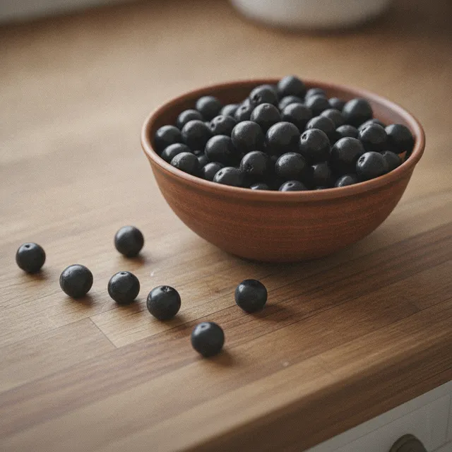 Un bol de baies d'aronia noires sur un plan de travail en bois