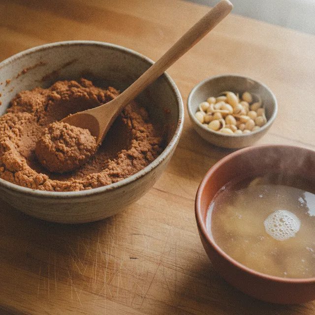 Bol de pâte de miso brun avec une cuillère en bois, un peu de soja et un bol de soupe miso fumante sur un plan de travail en bois