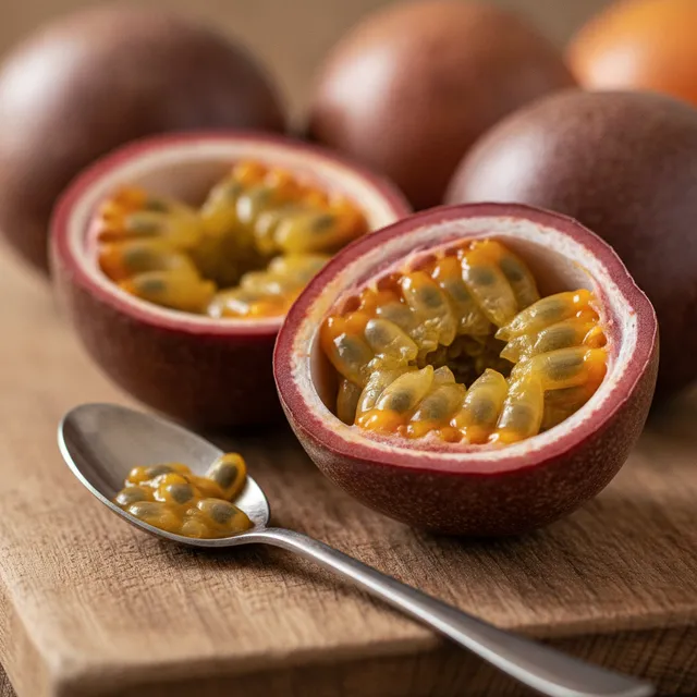 Fruit de la passion coupé en deux, pulpe orangée et pépins visibles, sur une planche en bois