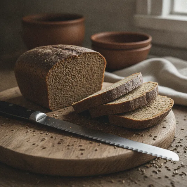 Pain de seigle dense et foncé, entamé et tranché sur une planche en bois rustique avec un couteau