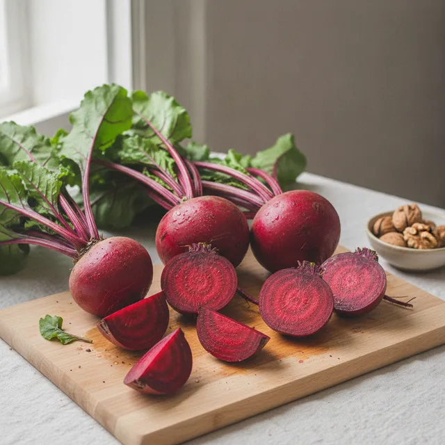 Betteraves rouges fraîches entières et coupées sur une planche en bois clair
