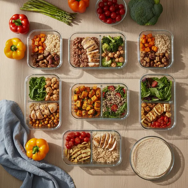 Boîtes hermétiques en verre remplies de repas préparés à l'avance, posées sur une table en bois