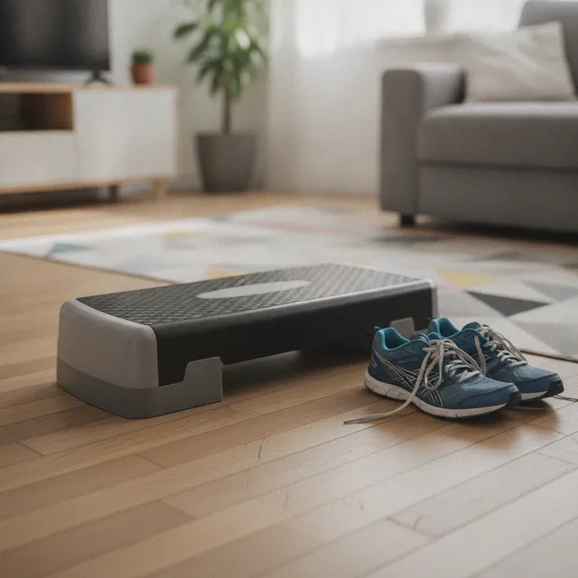 Un step d'aérobic réglable posé sur le parquet d'un salon, à côté d'une paire de chaussures de sport