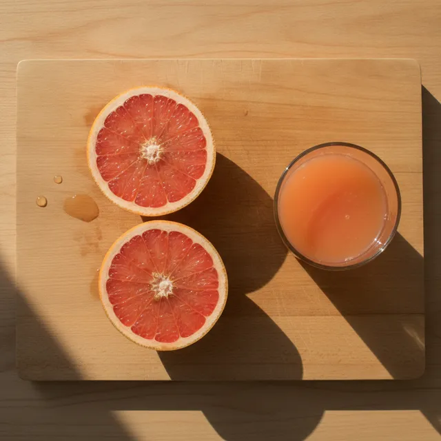 Deux moitiés de pamplemousse rose et un verre de jus sur une planche en bois