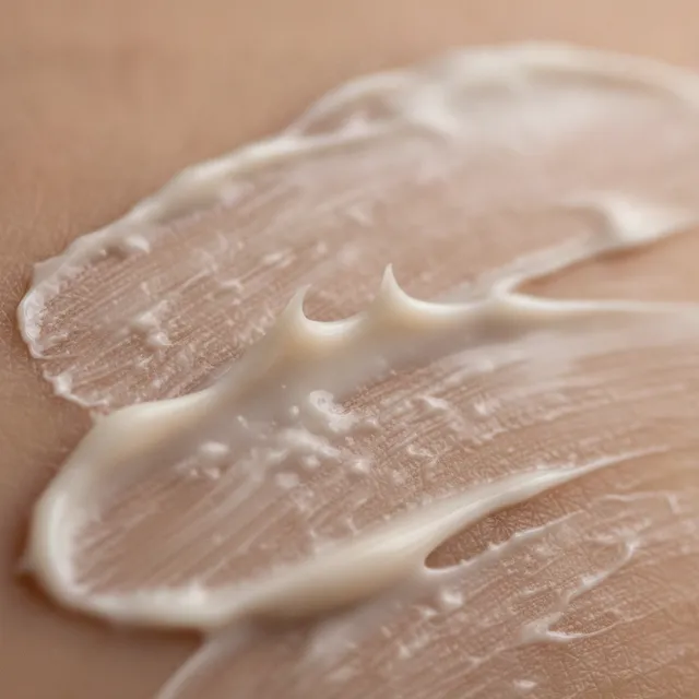 Crème hydratante crémeuse étalée sur la peau, gros plan macro