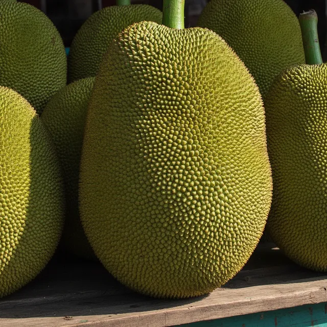 Plusieurs fruits du jacquier verts entiers, à la peau couverte de picots, posés sur un étal de marché