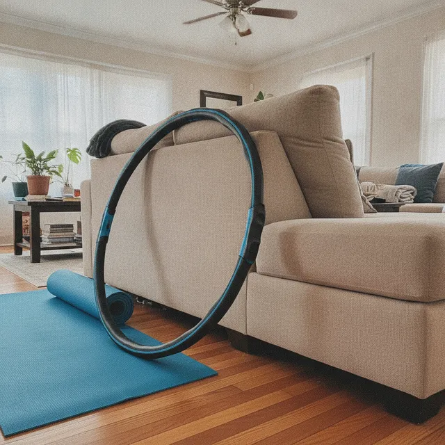 Cerceau de fitness lesté noir et bleu posé contre un canapé, à côté d'un tapis de sport dans un salon