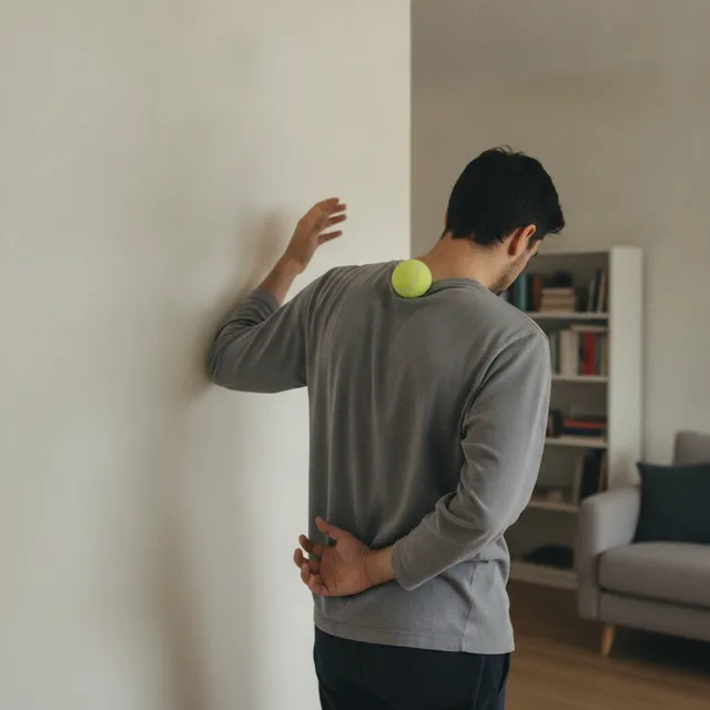 Une personne coince une balle de tennis entre son épaule et un mur pour masser ses trapèzes